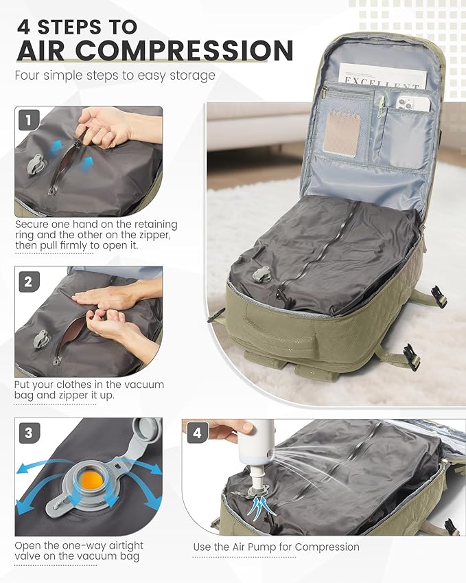 suwasp Vacuum Backpack Travel with Pump, Travel Backpack for Women Men, Vacuum Compression Bags with Laptop Compartment/Shoe Compartment, Personal Item Carry On Backpacks Flight Approved, Khaki
