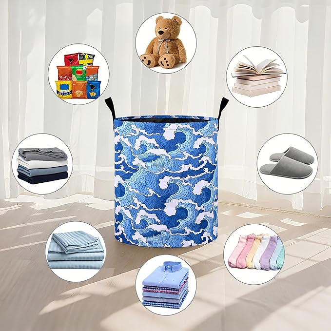 Ocean Wave Laundry Basket Foldable Oxford Cloth Tote Bag Laundry Hamper Clothes Storage Bucket Organizer For Bathroom/Laundry Storage/Bedroom 19.6x15.7 Inch