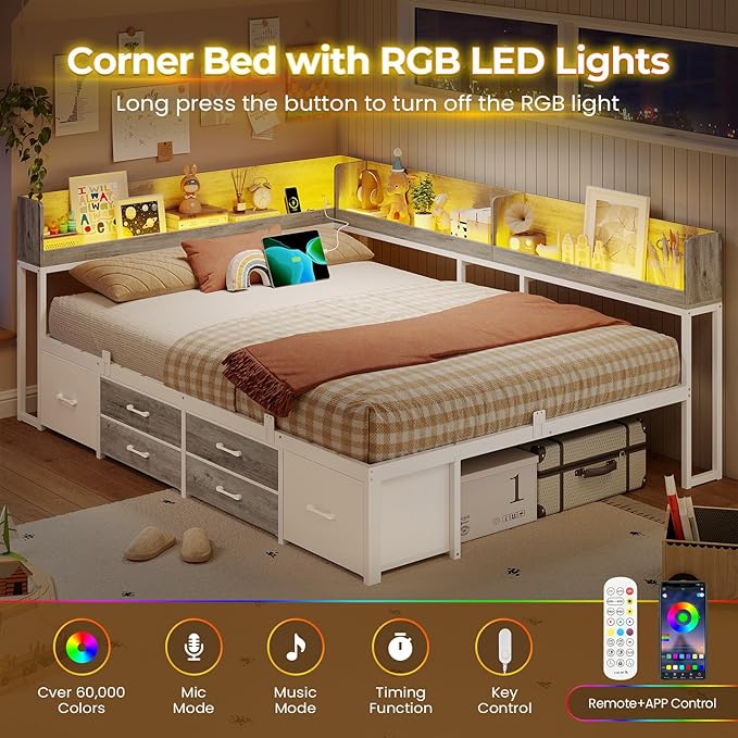 VIAGDO Corner Bed Frame Full with Storage Bookcase and 6 Drawers, Metal Platform Corner Bed Frame with LED Lights and Charging Station, Full Daybed for Kids Teenagers, White & Grey