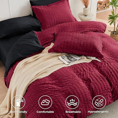 HYMOKEGE Red & Black California King Comforter Set Seersucker 7 Pieces, All Season Luxury Bed in a Bag for Bedroom, Bedding Set with Comforters, Sheets, Pillowcases & Shams