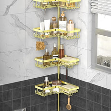 KEGII Shower Caddy Tension Pole, 4-Tier Corner Shower Tension Rod Organizer No Drilling, Floor to Ceiling Bathroom Caddy 25-114.2 inch, Adjustable Bath Tub Shampoo Holder for Corner, Gold