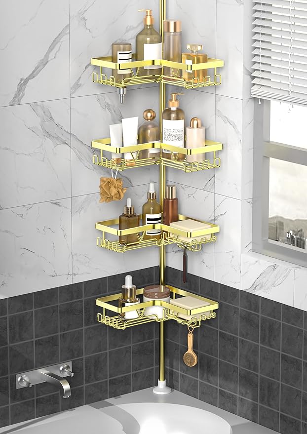 KEGII Shower Caddy Tension Pole, 4-Tier Corner Shower Tension Rod Organizer No Drilling, Floor to Ceiling Bathroom Caddy 25-114.2 inch, Adjustable Bath Tub Shampoo Holder for Corner, Gold