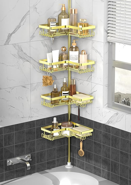 KEGII Shower Caddy Tension Pole, 4-Tier Corner Shower Tension Rod Organizer No Drilling, Floor to Ceiling Bathroom Caddy 25-114.2 inch, Adjustable Bath Tub Shampoo Holder for Corner, Gold