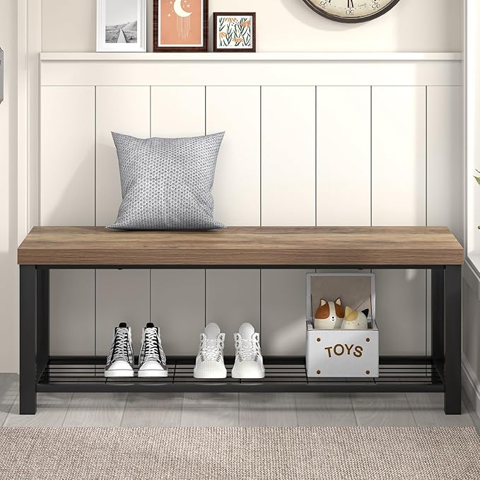FOLUBAN Entryway Bench, Industrial Wood and Metal Storage Bench with Metal Shelf, Indoor Shoe Rack Bench Seat for Living Room, Bedroom, Hallway, Entrance, Rustic Oak, 47 Inch