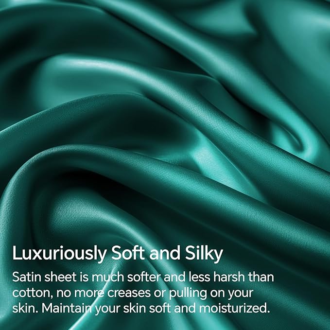 BEDELITE Satin Sheets Full Size Bed Set, Luxury Soft Teal Silky Sheet for Hair and Skin, Similar to Silk Bed Sheets Set 4 Pieces with 1 Deep Pocket Fitted Sheet, 1 Flat Sheet, and 2 Pillowcases