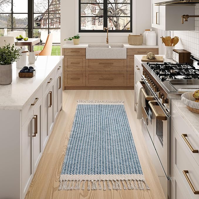 Lahome Boho Laundry Room Rug Runner, 2x4.3 Bathroom Runner Rug Lightweight Kitchen Rugs Woven Cotton Throw Mat with Tassels, Farmhouse Washable Blue Rugs Low Pile for Bedroom Door Mat
