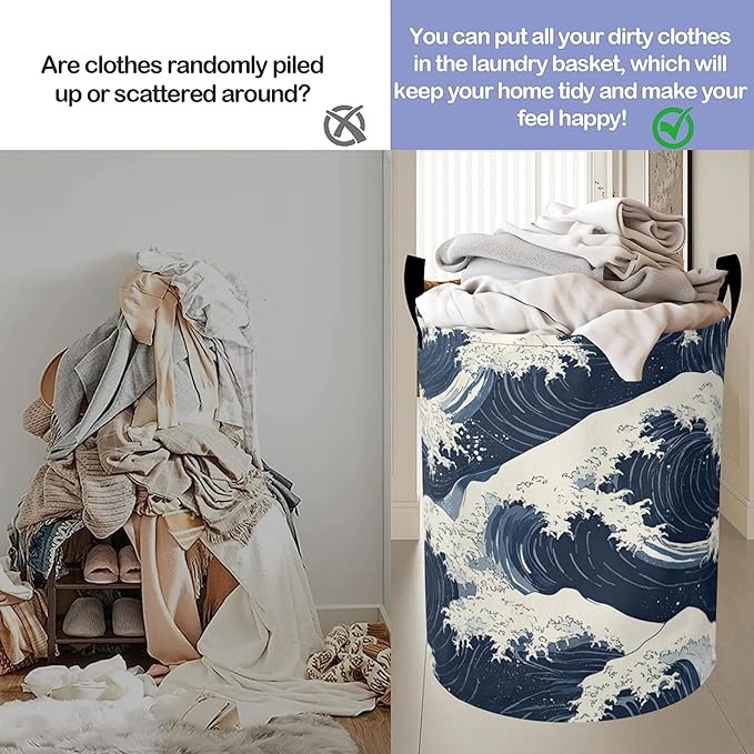 Japanese Style Waves Laundry Hamper Large Canvas Fabric Lightweight Storage Basket/Dirty Clothes Collapsible Waterproof for College Dorms, Boys and Girls Bedroom,Bathroom