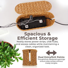 Cable Management Box, Handmade Rattan Cable Organizer, 2 Open Slots Cords Hider Box, Under Desk Cord Organizer for Computer Router USB Hub & Power Strip, Patent Pending, 15.9