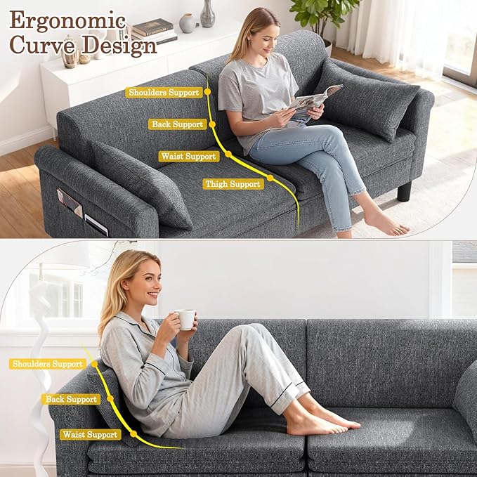 SEJOV 74" Convertible Sofa Bed, 5-in-1 Loveseat Sleeper Sofas with Pull Out Couch Bed, Storage Pockets & 2 Pillows, Modern Folding Linen Futon Couch for Living Room, Bedroom, Small Space, Dark Gray