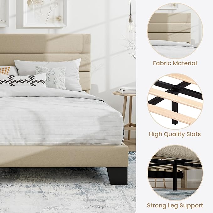 SHA CERLIN Queen Platform Bed Frame with Upholstered Fabric Headboard, Mattress Foundation with Strong Wooden Slats Support, No Box Spring Needed, Beige