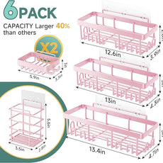 Veken Large Capacity Shower Caddy 6-Pack, No Drilling & Rustproof, Adhesive Shower Shelves with Soap Holder, Bathroom Organizers and Storage, Wall-Mounted Kitchen & Home Decor, Pink