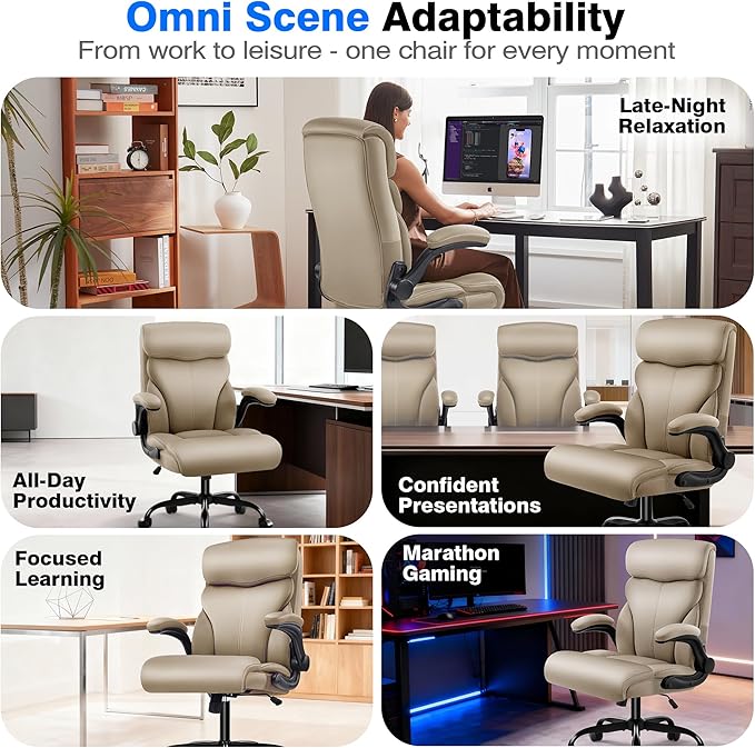 Office Chair - Executive High Back Breathable Comfy Desk Chair with Lumbar Support - Ergonomic Leather Rolling Swivel Computer Chair with Rock Function for Working Studying Gaming Relaxing
