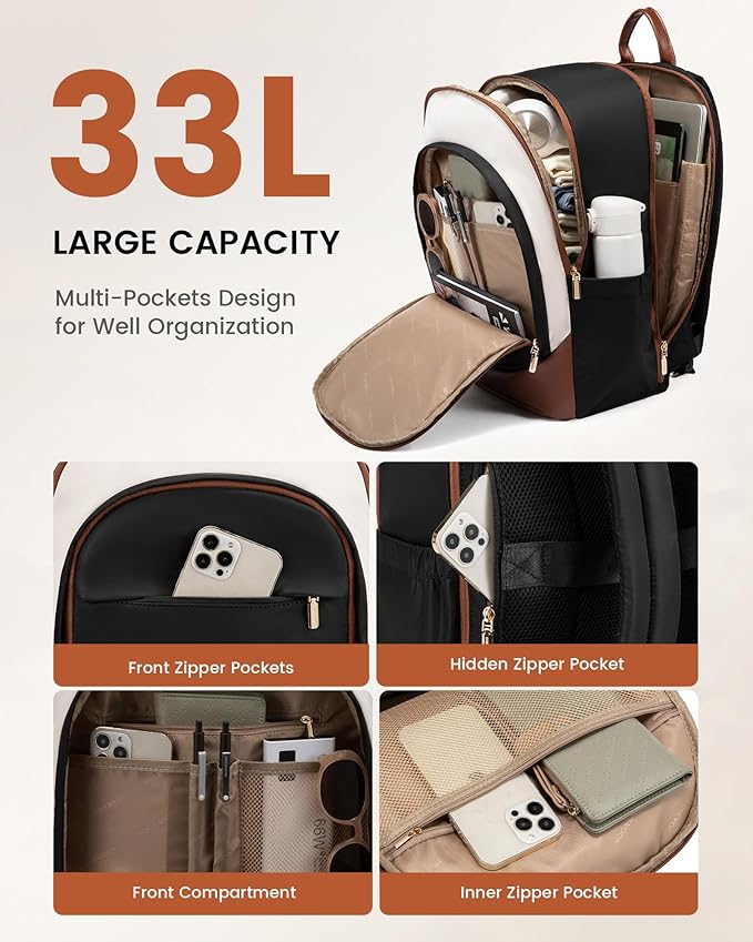 LOVEVOOK 17.3 Inch Laptop Backpack for Women - Work/Business Computer Backpack Purse, Large Capacity Casual Daypack, Travel Bag for Lawyer, Doctor, Teacher, Cream Chestnut Brown