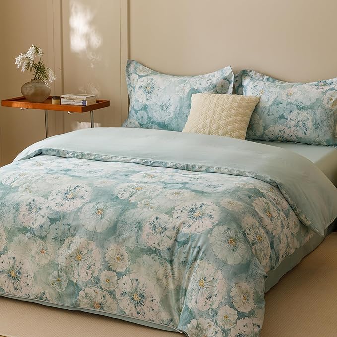 HeimenAogo Egyptian Cotton Duvet Cover California King Sateen Weave, Silky Soft Duvet Cover with Zipper Closure, Long Staple Cotton Comforter Cover Watercolor Floral 3 Pcs