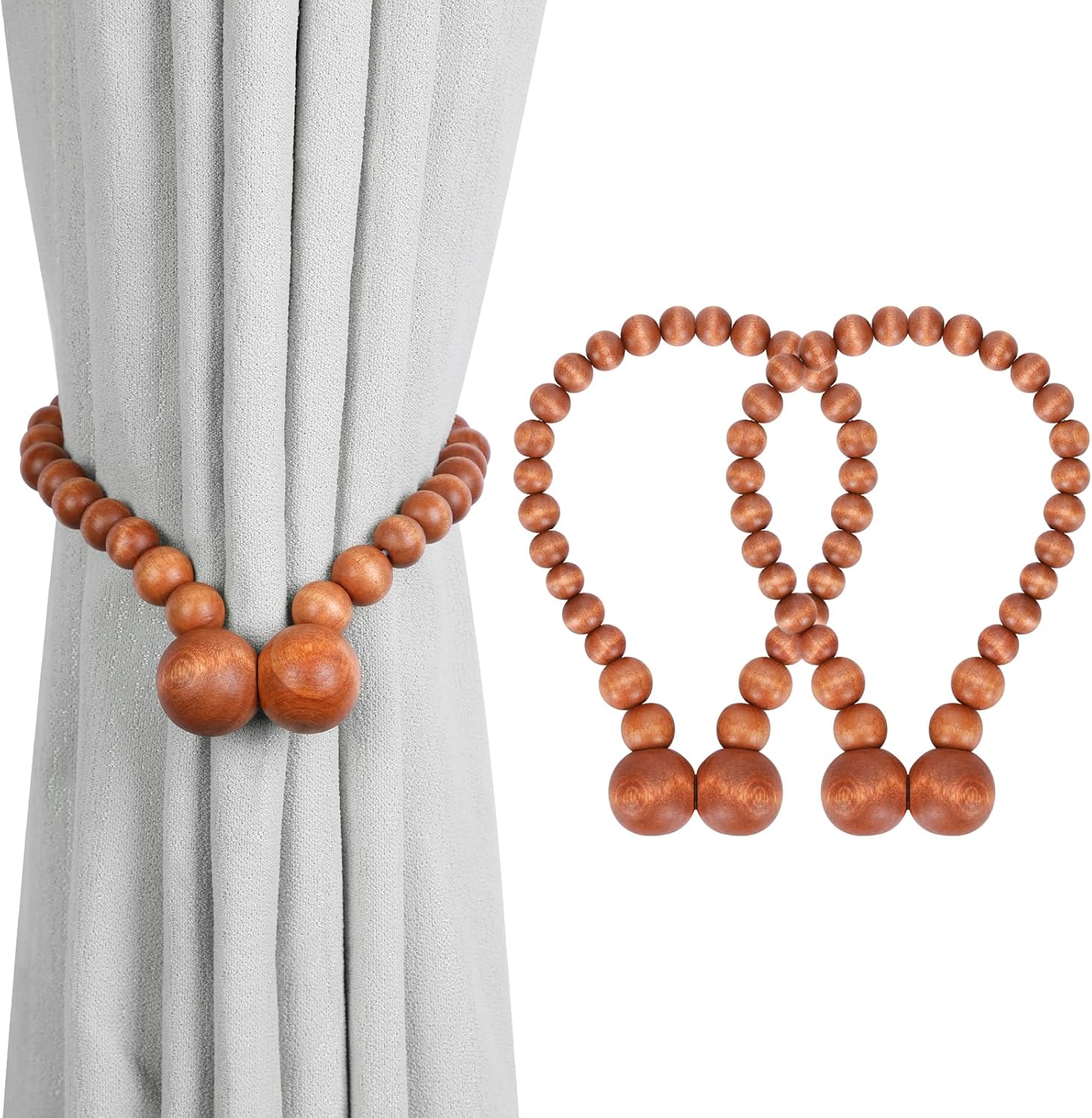 KLOGTSIND Magnetic Curtain Tiebacks, Curtain Tie Backs for Curtains 4 Pack, Wood Bead Curtain Tiebacks, Curtain Holders for Boho Bedroom Decor, Baby Nursery Decor, Farmhouse Decor Dormly