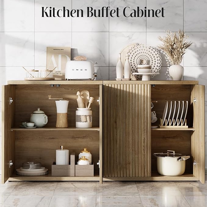 Fluted Buffet Cabinet Sideboard with Storage,Wooden Credenza with 2 Doors&Adjustable Shelve, Modern Accent Cabinets Coffee Bar Bookcase for Living Room,Kitchen Dining Room Entryway 15"D Natural Oak