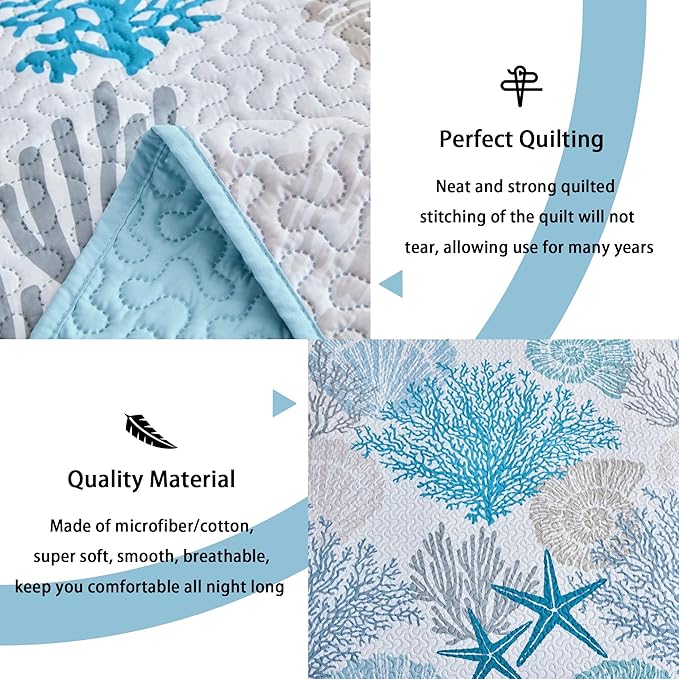 Tritard 2 Piece Coastal Quilt Sets Twin Size - Reversible Microfiber Quilts with 1 Sham Soft Lightweight Beach Bedding Nautical Bedspread Coverlet Summer Comforter Set for All Season, 68''x86''