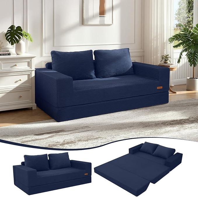 COMAX Convertible Sofa Bed Queen, Corduroy Folding Floor Couch Pull Out Couch Bed Futon Sleeper with Pillows, Fold Out Boneless Sofa Comfy Lounge Mattress Loveseat for Living Room Bedroom, Navy