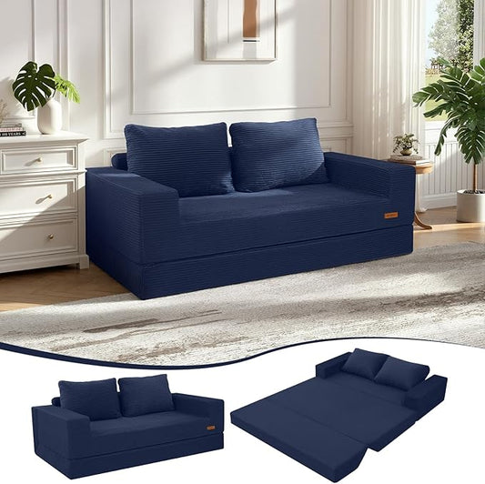 COMAX Convertible Sofa Bed Queen, Corduroy Folding Floor Couch Pull Out Couch Bed Futon Sleeper with Pillows, Fold Out Boneless Sofa Comfy Lounge Mattress Loveseat for Living Room Bedroom, Navy