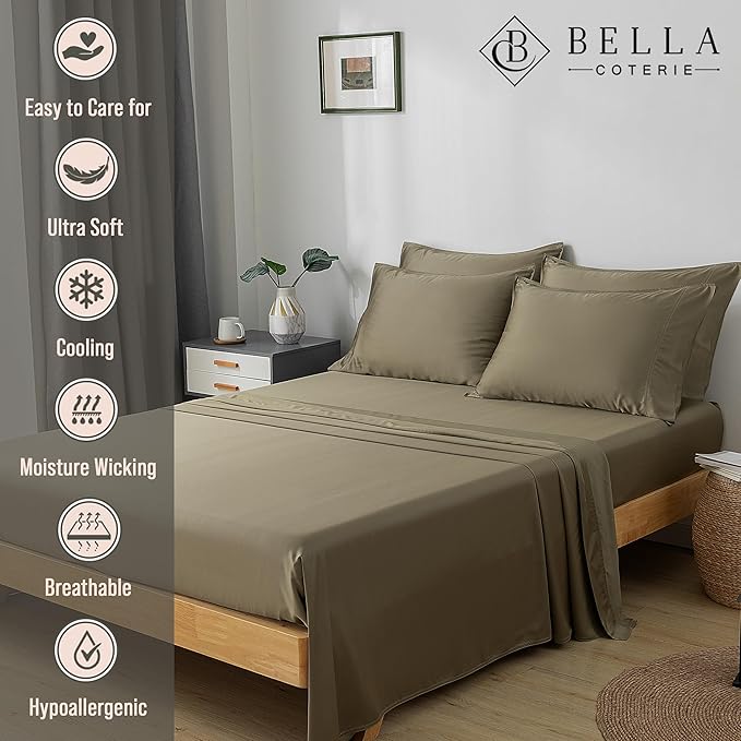 Bella Coterie 6 Piece Luxury Bamboo Viscose Split Top King Size Sheet Set | 34" Split for Adjustable Beds | 100% Organically Grown| Cooling | 18” Deep Pocket | 4 Pillowcases [Olive] BC