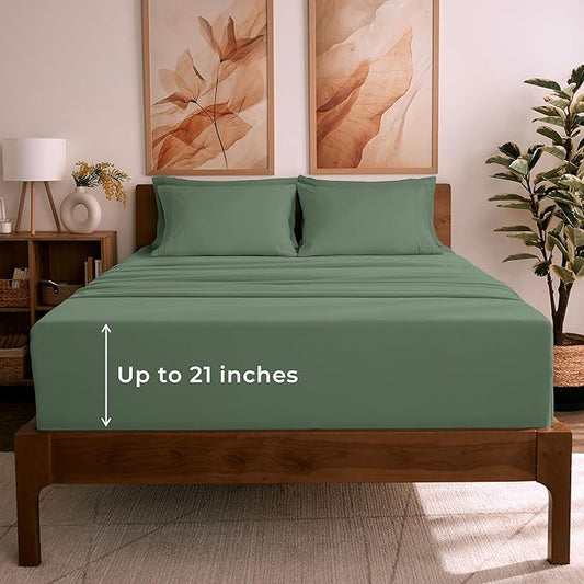 Mellanni Queen Sheet Set - 6-Piece Iconic Collection Bedding, (Including 4 Pillowcases), 21-Inch Extra Deep Pocket, Easy Care, Ultra Soft, Cooling Sheets, Brushed Microfiber - Sage