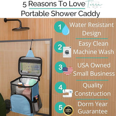 College Dorm Room Essentials for Girls - Shower Caddy Dorm - Original, Portable, Durable, Roomy, Foldable Water Resistant Shower Bag in Light Pink with Metal Hook for Hanging (Light Blue)