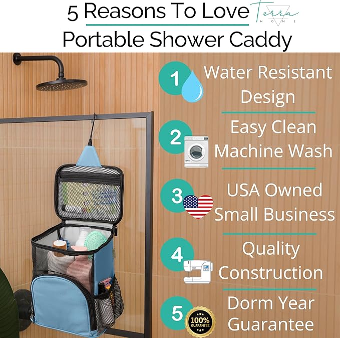 College Dorm Room Essentials for Girls - Shower Caddy Dorm - Original, Portable, Durable, Roomy, Foldable Water Resistant Shower Bag in Light Pink with Metal Hook for Hanging (Light Blue)