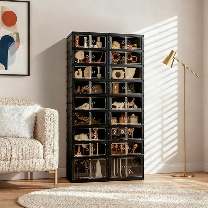 Foldable Shoe Organizer Storage Box, Portable Extra Large Folding Shoe Rack for Closet, Shoe Storage Box with Magnetic Transparent Door and Wheels, 9 Layers 18 Grids with 2 Big Grids