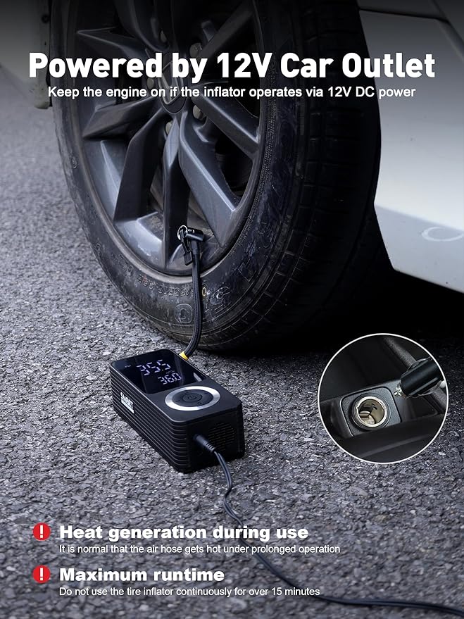 SMART JERRY - Tire Inflator Portable Air Compressor | Cordless Mini Bike Tire Pump with Gauge | Dual-Power Electric 12V Air Compressor for Auto, Motorcycles, Bikes, Balls | Fast Inflation Max 150 PSI