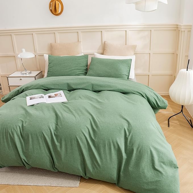 ECOCOTT Sage Green Duvet Cover California King Size, 100% Washed Cotton 3-Piece Bedding Set - Ultra Soft, Breathable & Easy Care with Zipper Closure and 2 Pillowcases