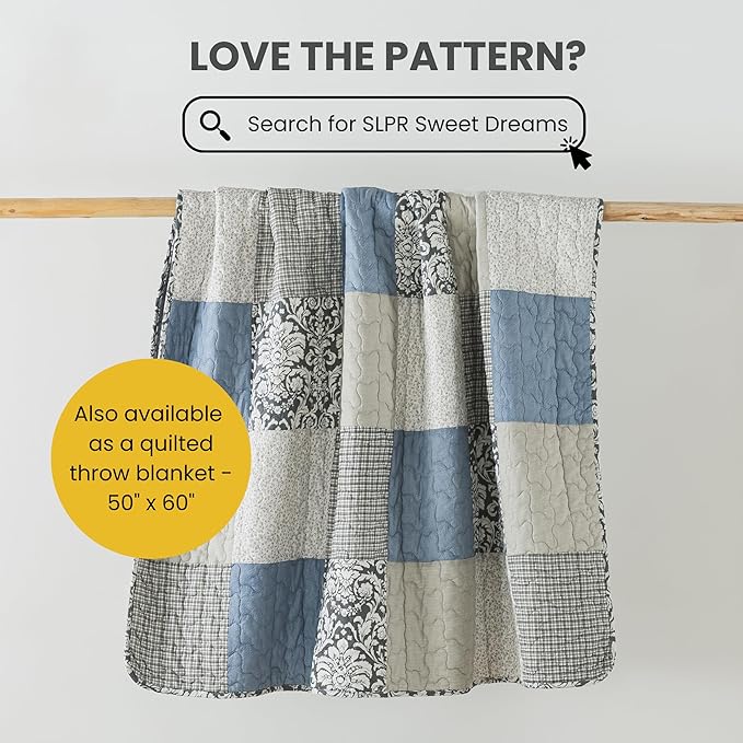 SLPR Sweet Dreams Cotton Quilt Set - King Size with 2 Shams, Pieced Patchwork Bedding in Blue and Gray, Country Style Farmhouse Quilted Bedspread