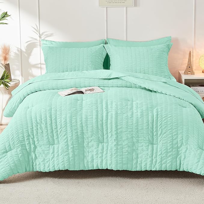 HYMOKEGE Mint Green Queen Comforter Set Seersucker 7 Pieces, All Season Luxury Bed in a Bag Queen for Bedroom, Bedding Set with Comforter, Sheets, Pillowcases & Shams