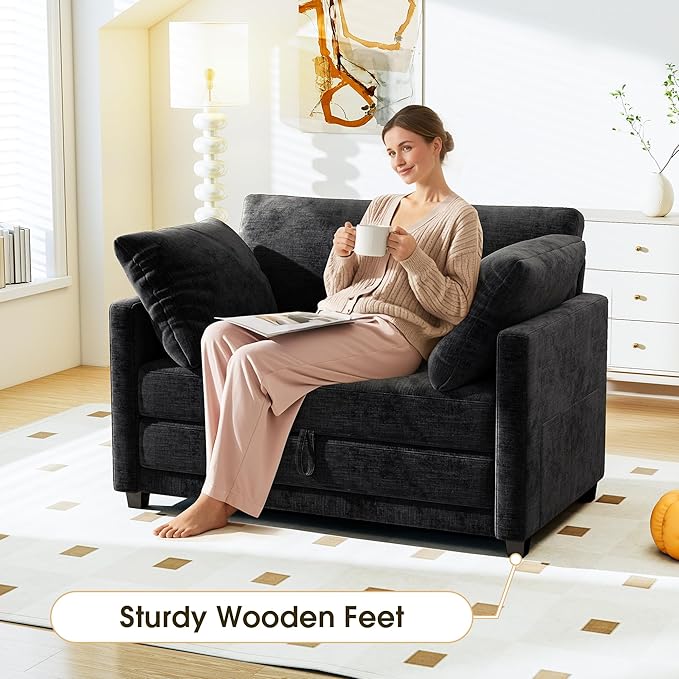 51" Convertible Loveseat Sofa Bed, 2-in-1 Folding Sofa Bed with 2 Pillow for Small Spaces, Modern Loveseat Sleeper Couch for Apartment, Living Room & Guest Room (Chenille Black, 51 inch)