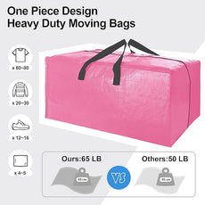 6 Pack Heavy Duty Large Moving Bags W/Backpack Straps - Strong Handles & Zippers, Storage Totes For Space Saving, Fold Flat, Alternative to Moving Box and Storage Bin, Pink
