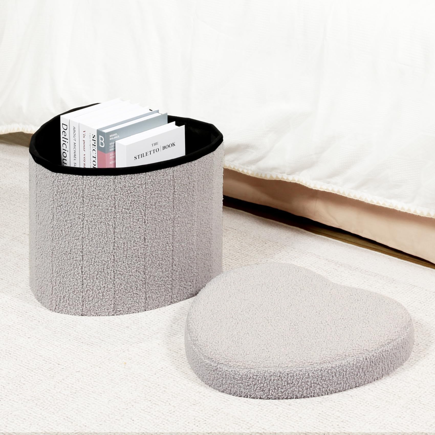 B FSOBEIIALEO Storage Ottoman Cube, Flowers Shaped Ottomans with Storage Foot Stool Footrest for Lving Room, Boucle Ottoman Seat for Dorm Room,Faux Teddy Fur,White 12.6"x12.6"x12.6" Dormly