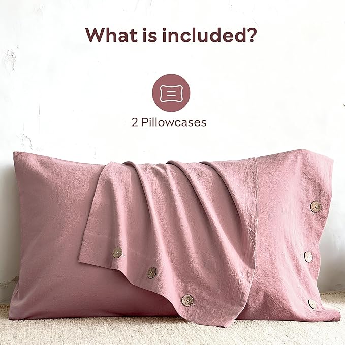JELLYMONI 100% Washed Cotton King Pillowcases Set, 2 Pack Linen-Like Texture Breathable Pillow Covers with Button Closure,Darker Rose King 20"×36"(Pillows are not Included)