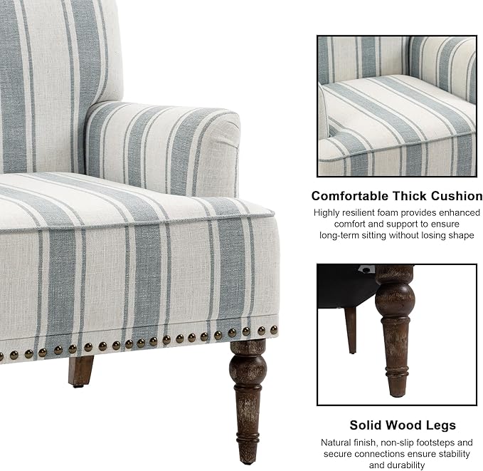 Accent Chair Set of 2, Mid Century Modern Comfy Armchair for Living Room, Linen Fabric Single Sofa Lounge for Reading Bedroom Apartment Waiting Room with Wood Legs-Blue Stripe
