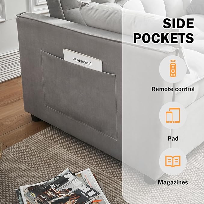 Futon Sofa Bed, 3 in 1 Sleeper Sofa Couch Bed with Armrests, Storage Pockets and 2 Pillows, Adjustable Backrest, Sofa Bed Couch for Living Room, Bedroom, Office,Reading Room(Grey)
