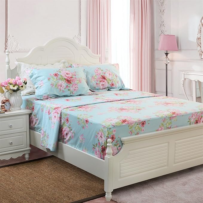 FADFAY Shabby Pink Floral Bed Sheet Set 100% Cotton Deep Pocket 4-Piece Twin Size