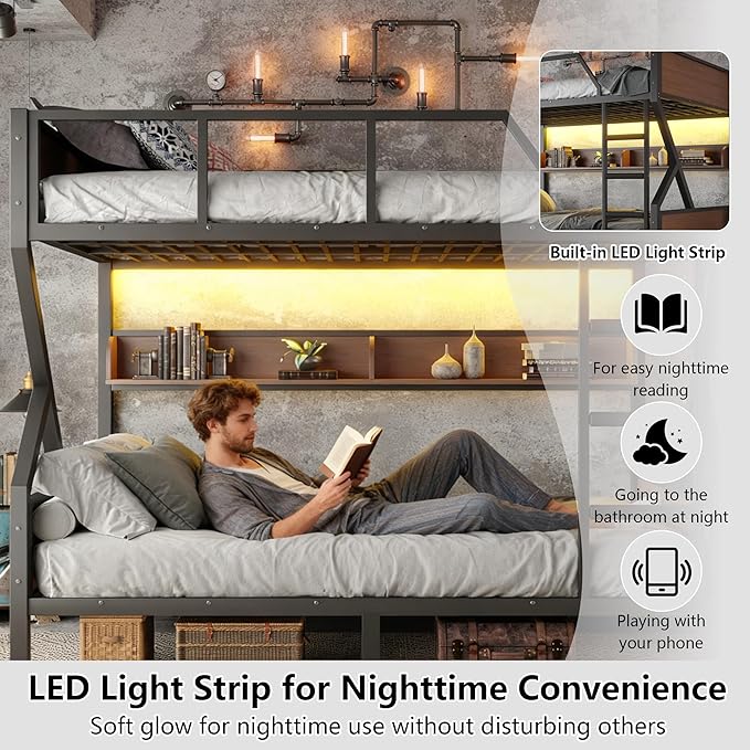 Queen over Queen Bunk Bed with Storage Shelves, Metal Bunk Beds with Ladders and LED Lights, Heavy-duty Bunkbed for Bedrooms, Guest Rooms and Dorms, No Box Spring Needed and Noise-free Design, Black