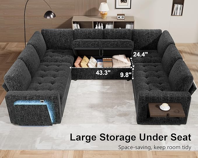 WEUP 8 Seat U Shaped Sectional Sleeper Sofa Bed with Pull Out Bed, Chenille Sectional Sleeper Couch with Adjustable Backrest, USB Ports, LED, Side Table, Tool-Free Assembly, Chenille Black