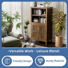 HITNET Walnut Bathroom Floor Cabinet, Bamboo Side Tall Storage Organizer, Freestanding Kitchen Cupboard with Door and Removable Shelf