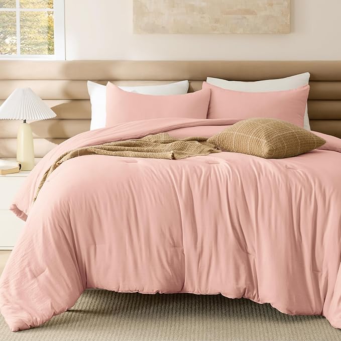 Bedsure Full Size Comforter Set, Blush Pink Soft Prewashed Bedding for All Seasons, 3 Pieces GentleSoft™ Warm Down Alternative Bed Set, 1 Lightweight Comforter (82"x86") and 2 Pillowcases (20"x26")