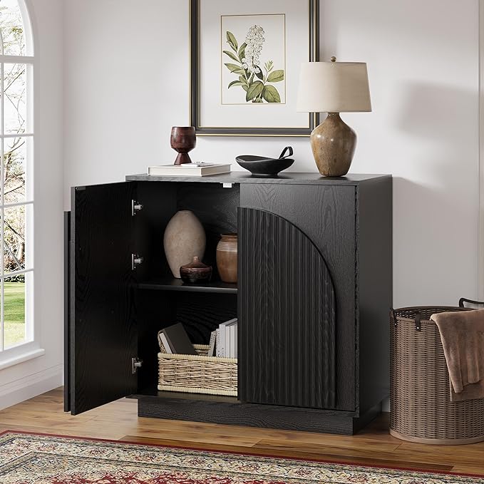 win2win Fluted Sideboard Buffet Cabinet with Storage, 31.5" Modern Accent Cabinet with Double-Layered Arch Doors, Small Wood Console Credenza for Living Room, Dining Room, Entryway, Black, 3PCS