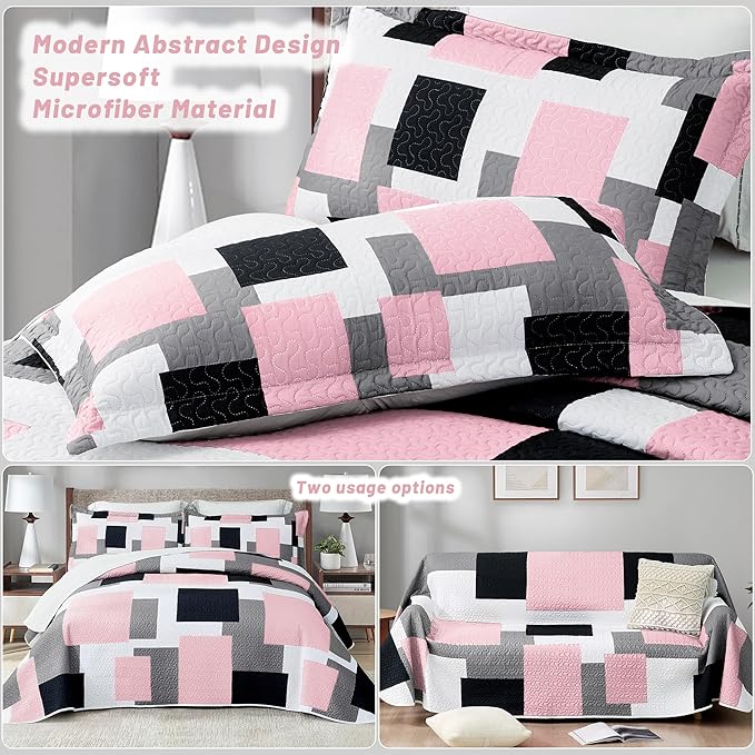 3 Piece Pink Grey Quilt Set King Size Pink Gray White Geometric Reversible Bedding Set Microfiber Lightweight Bedspread Coverlet with 2 Shams Modern Bed Cover for All Season, 106''x96''