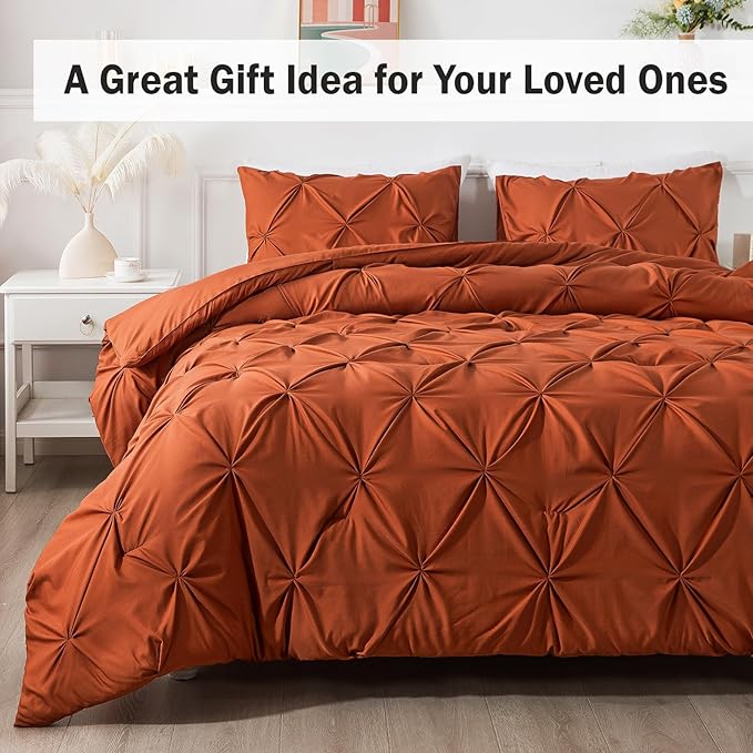 Andency Burnt Orange Queen Size Comforter Set, 3 Pieces Soft Decorative Pintuck Bedding Comforters & Sets, All Season Microfiber Lightweight Bed Set for Queen Size Bed