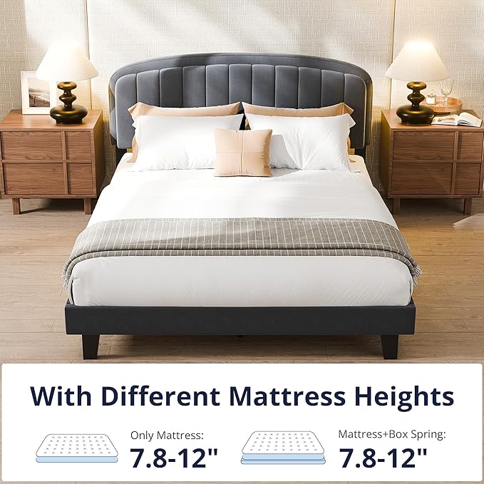 Cozy Castle Queen Bed Frame with Adjustable Vertical Channel Tufted Headboard, Velvet Upholstered Platform Bed with Wood Slats, Mattress Foundation, No Box Spring Needed, Easy Assembly, Gray