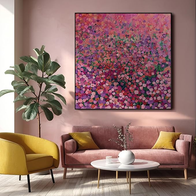36"x36" Large Framed Wall Art Colorful Wildflower Garden Abstract Pink and Red Floral Field (Frame Assembly Required)