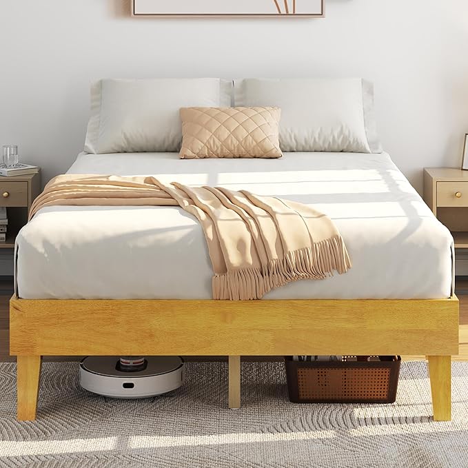 Yaheetech Full Bed Frame Natural Solid Wood Platform Bed with Wooden Slats Support, 12-inch Underbed Space for Storage, Noise-Free Design, Easy Assembly, Natural Wood Finish