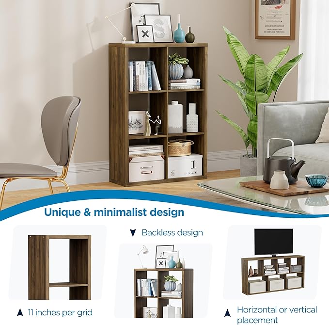 6 Cube Storage Organizer, 2x3 Cube Bookshelf, Cubby Storage Shelf, Wooden Organizer Shelf with Thickened Boards, for Closet Bedroom Home Office Living Room, 36.93" L x 9.37" W x 25.12" H, Brown